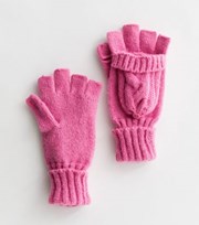 New Look Bright Pink Cable Knit Flip Top Gloves